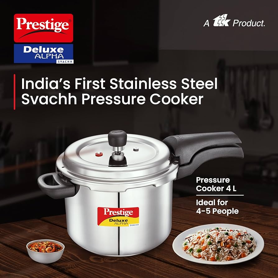 Prestige 4 Litres Svachh Deluxe Alpha Induction Base Outer Lid Stainless Steel Pressure Cooker | Deep lid controls spillage