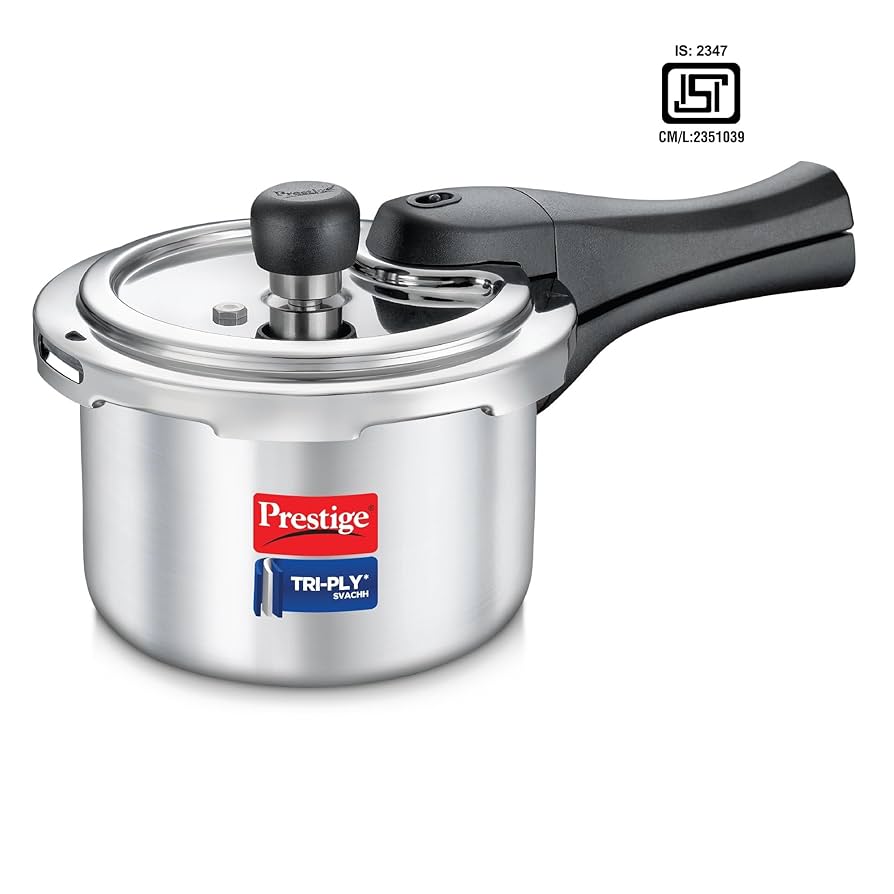 Prestige Svachh Triply Outer Lid Pressure Cooker with Unique Deep Lid for Spillage Control, 1.5 Litre, 304 Stainless Steel Inner Surface, Thick Gauge ,1.5 Litre