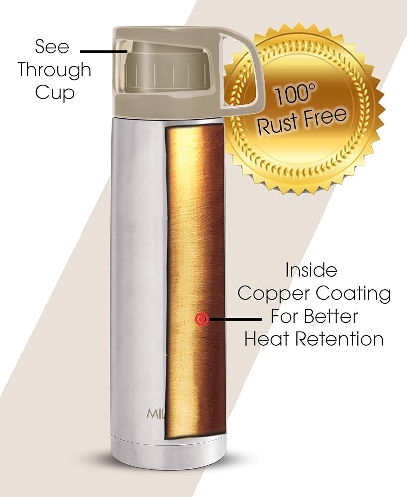 MILTON Glassy 750 Ml Thermosteel Vacuum Insulated Double Walled Flask with Drinking Cup lid & Jacket, 750 ml flask,24 Hours Hot & Cold, Easy to Carry,Rust Proof, Tea, Coffee, Travel Bottle