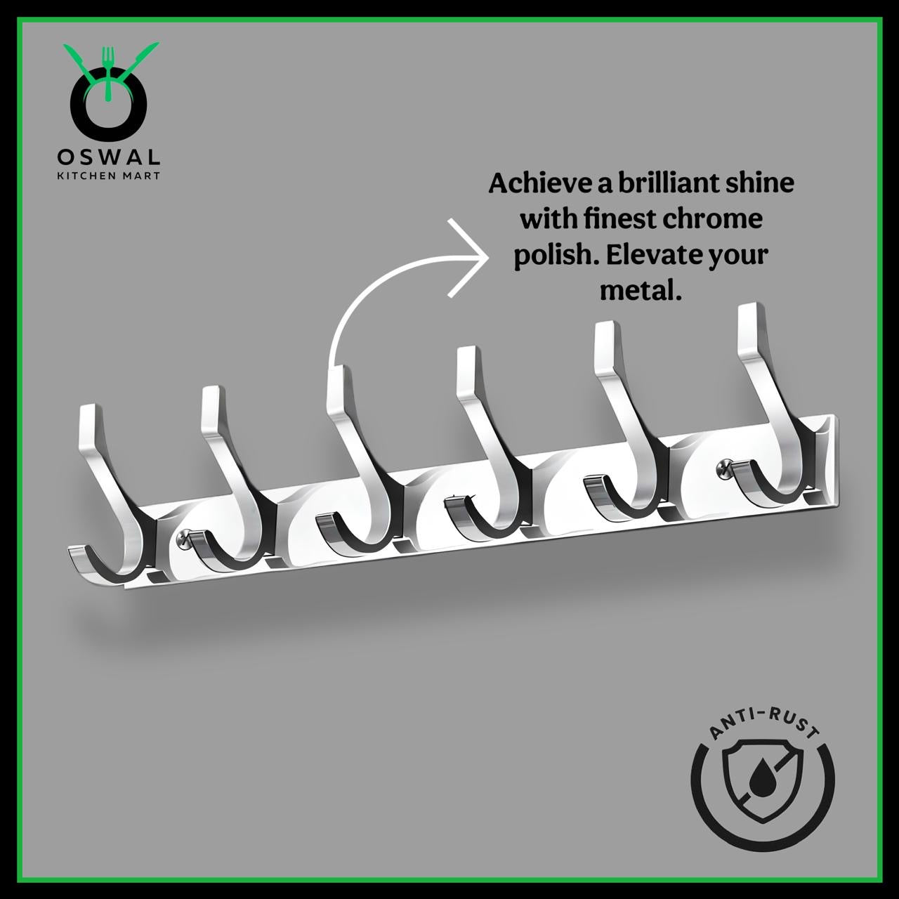 Stainless Steel Wall Mount 6 Hook Hanger – 30 cm | Heavy Duty, Rust-Proof Bathroom & Kitchen Towel Hook (Pack of 1)