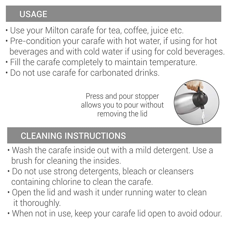 Milton Carafe 1000 Ml Stainless Steel Double Walled Vacuum Insulated Flask with Lid and Handle,1000 ml,ISI Certified, Coffee/Tea Carafe Heat & Cold Retention, Leak Proof, Rust Free, Easy to Carry