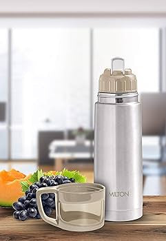 MILTON Glassy 350 Ml Thermosteel Vacuum Insulated Double Walled Flask with Drinking Cup lid & Jacket, 350 ml flask,24 Hours Hot & Cold, Easy to Carry,Rust Proof, Tea, Coffee, Travel Bottle,Grey