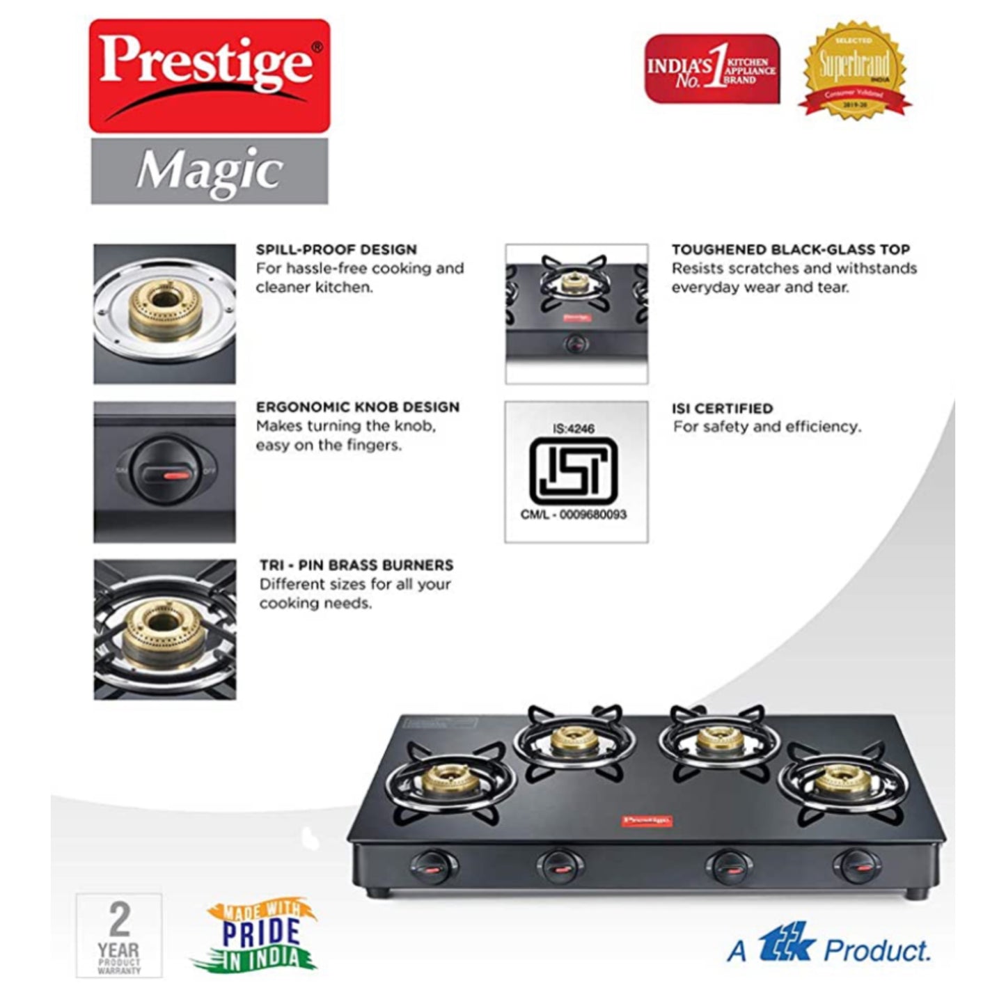 Prestige Magic Toughened Glass Top 4 Brass Burner Gas Stove