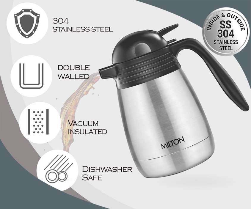 Milton Carafe 600 Stainless Steel Double Walled Vacuum Insulated Flask with Lid and Handle, 600 ml, Coffee/Tea Carafe Heat & Cold Retention, Leak Proof, Rust Free, Easy to Carry