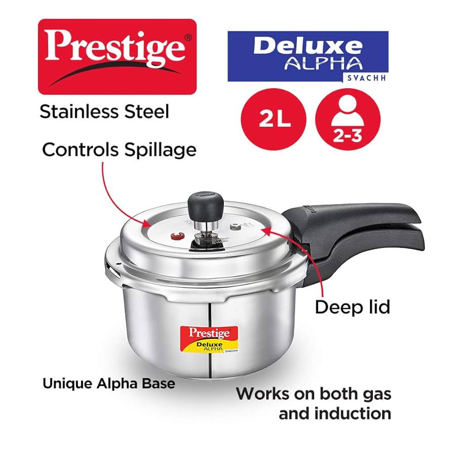 Prestige Svachh Deluxe Alpha 2 Litre Stainless Steel Outer Lid Pressure Cooker, 2 Litre