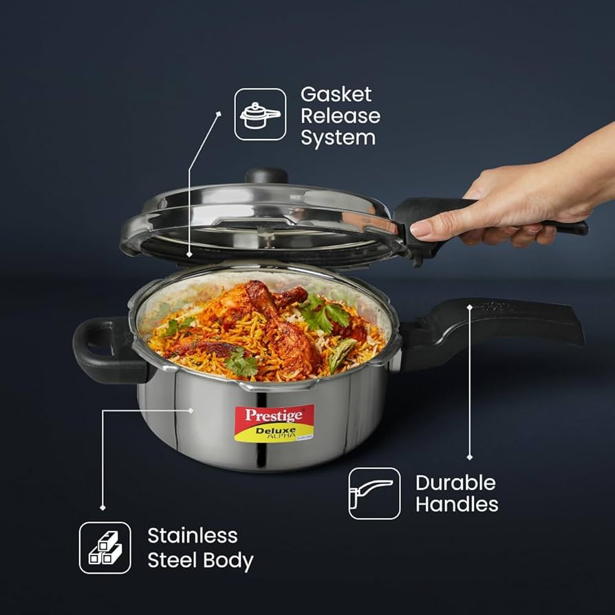 Prestige 3L Svachh Deluxe Alpha stainless steel Pressure Cooker|Outer lid|3-4 personsl|Deep lid for spillage control|Gas & induction compatible|Controlled GasketRelease System|10 years warranty