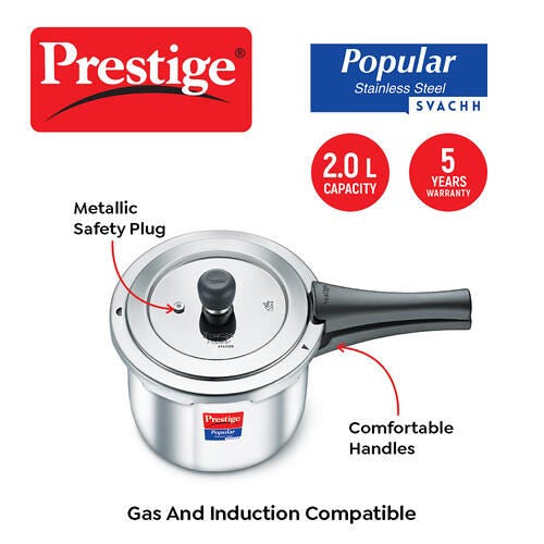 Prestige 2L Popular Svachh Stainless Steel Outer Lid Pressure Cooker , 2 Litres