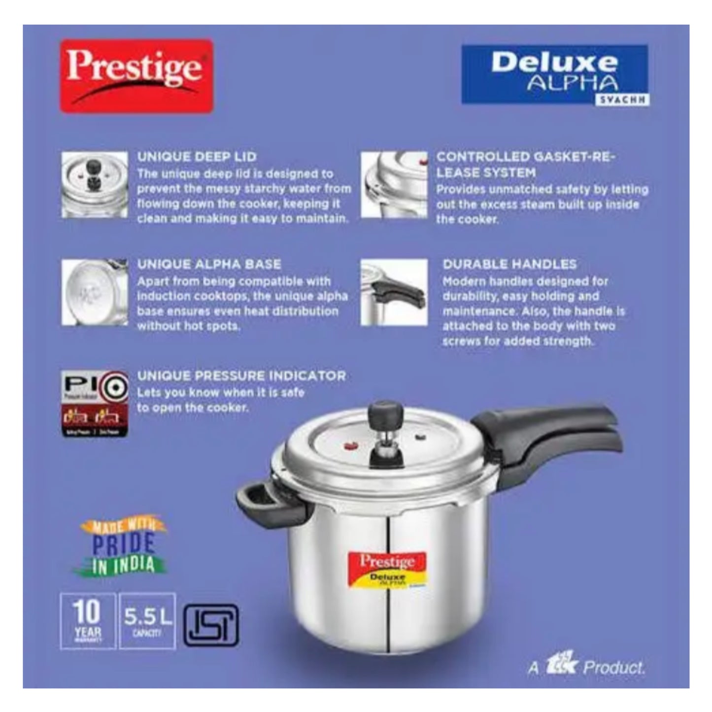 Prestige 5.5L Deluxe Alpha Svachh Stainless Steel Pressure Cooker