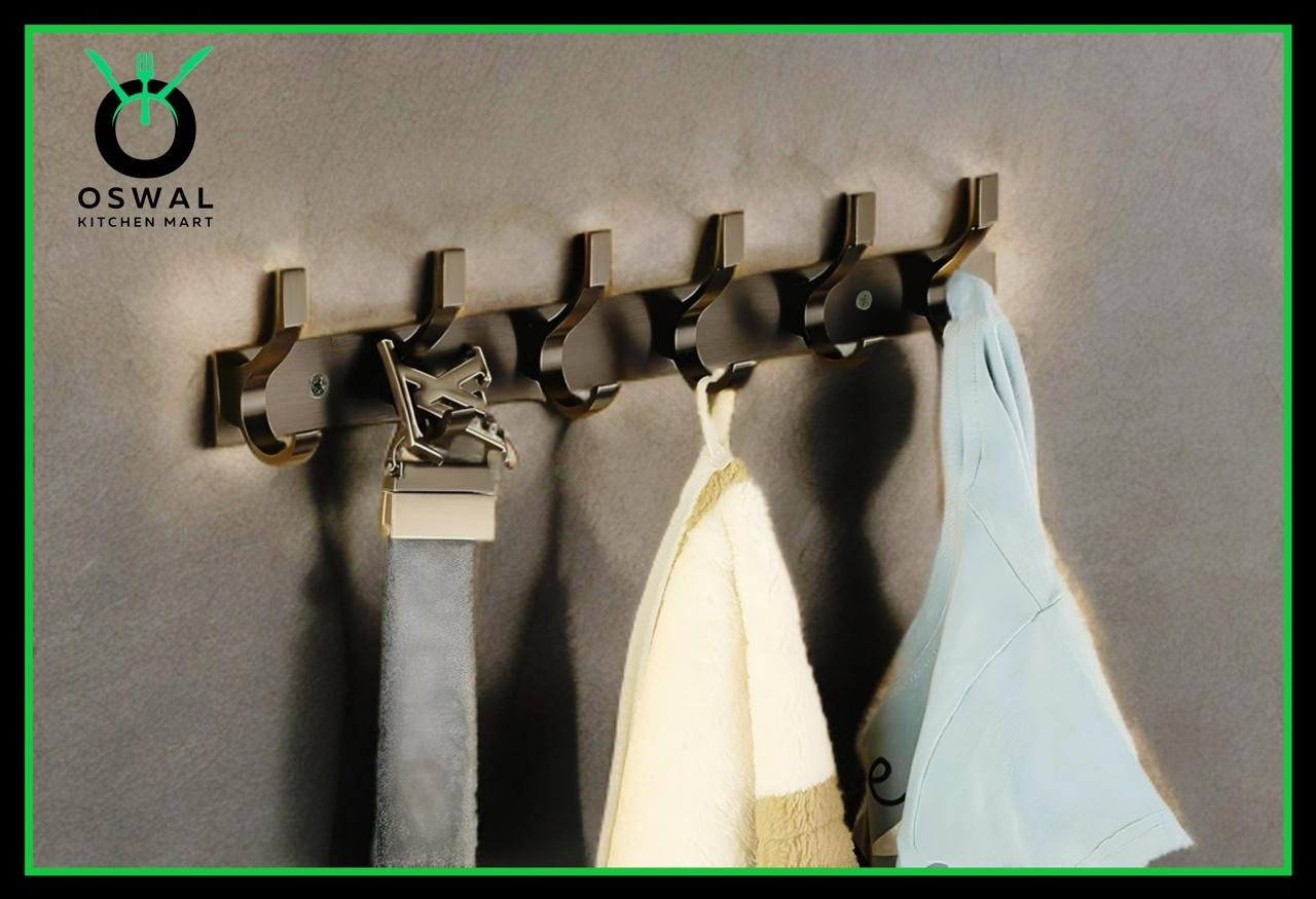 Stainless Steel Black Wall Mounted 6-Hook Hanger | Heavy-Duty Dual Hooks for Bathroom, Kitchen & Home | Pack of 1