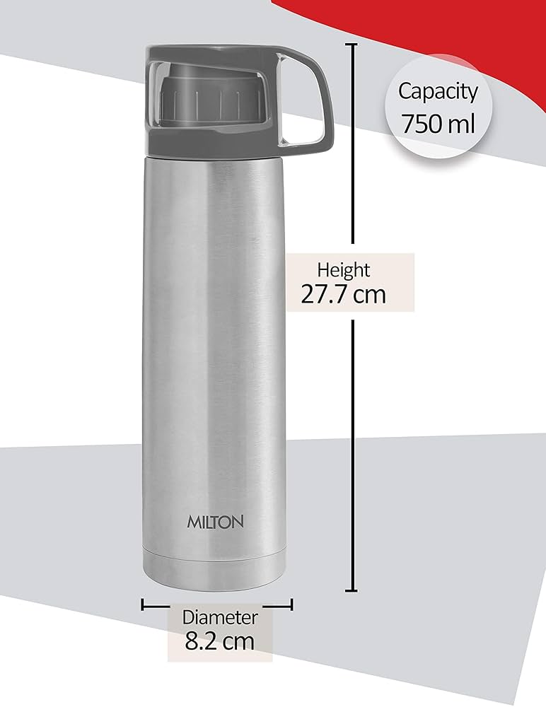 MILTON Glassy 750 Ml Thermosteel Vacuum Insulated Double Walled Flask with Drinking Cup lid & Jacket, 750 ml flask,24 Hours Hot & Cold, Easy to Carry,Rust Proof, Tea, Coffee, Travel Bottle