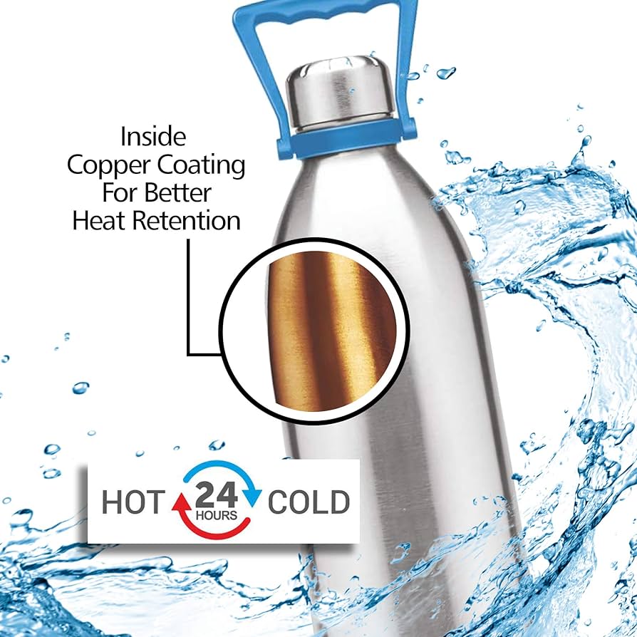 Milton Duo DLX 2000 Ml Thermosteel Bottle, 2 Litre Water Bottle with handle, 24 Hours Hot and Cold, Easy to Carry, Easy Grip, Rust Proof, Tea, Coffee, Office, Travel Bottle