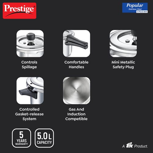 Prestige 5L Popular Svachh Spillage Control Stainless Steel Pressure Cooker, 5 Litres