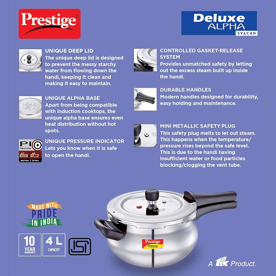 Prestige Svachh 4 L Deluxe Alpha Handi Pressure Cooker, With Deep Lid For Spillage Control, Stainless Steel,Outer Lid