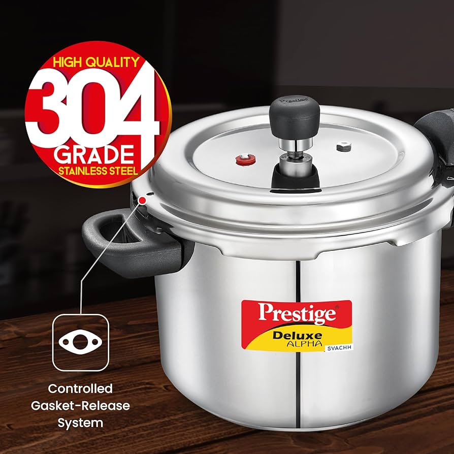 Prestige 4 Litres Svachh Deluxe Alpha Induction Base Outer Lid Stainless Steel Pressure Cooker | Deep lid controls spillage