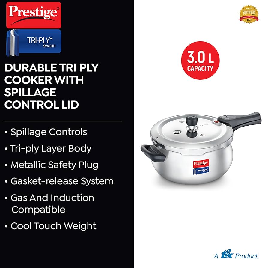 Prestige 3 Litre Svachh Tri-Ply handi pressure cooker(outer lid)|Deep Lid for spillage control|Metallic Safety Plus|5 years warranty