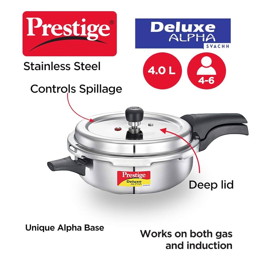 Prestige 4L Svachh Deluxe Alpha Senior Pressure Cooker stainless steel|Outer lid|Ideal for 4-6 persons|Deep lid for spillage control|Gas & induction compatible|10 years warranty