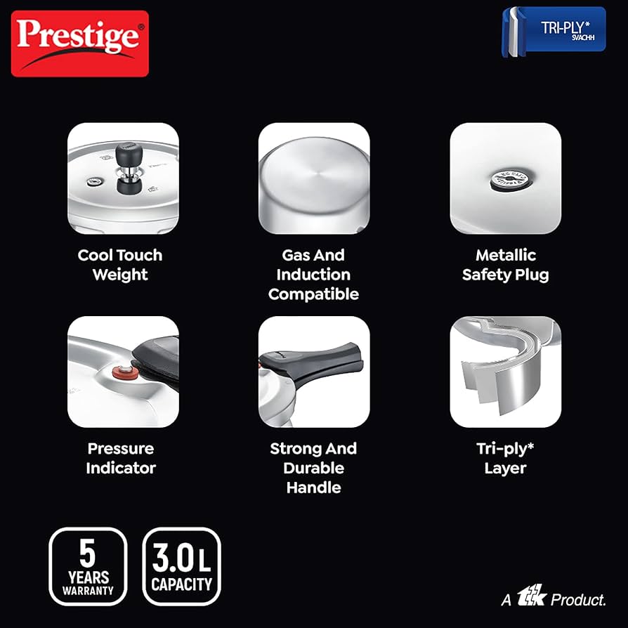 Prestige 3 Litre Svachh Tri-Ply handi pressure cooker(outer lid)|Deep Lid for spillage control|Metallic Safety Plus|5 years warranty