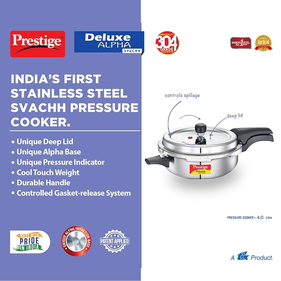 Prestige 4L Svachh Deluxe Alpha Senior Pressure Cooker stainless steel|Outer lid|Ideal for 4-6 persons|Deep lid for spillage control|Gas & induction compatible|10 years warranty