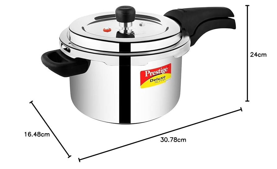 Prestige 4 Litres Svachh Deluxe Alpha Induction Base Outer Lid Stainless Steel Pressure Cooker | Deep lid controls spillage