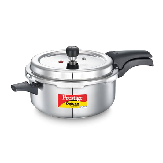 Prestige 5L Deluxe Alpha Svachh stainless steel Pressure Cooker|Outer lid|Ideal for 5-7 persons|Deep lid for spillage control|Gas & induction compatible