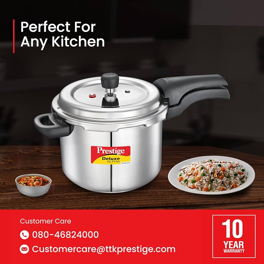 Prestige 4 Litres Svachh Deluxe Alpha Induction Base Outer Lid Stainless Steel Pressure Cooker | Deep lid controls spillage
