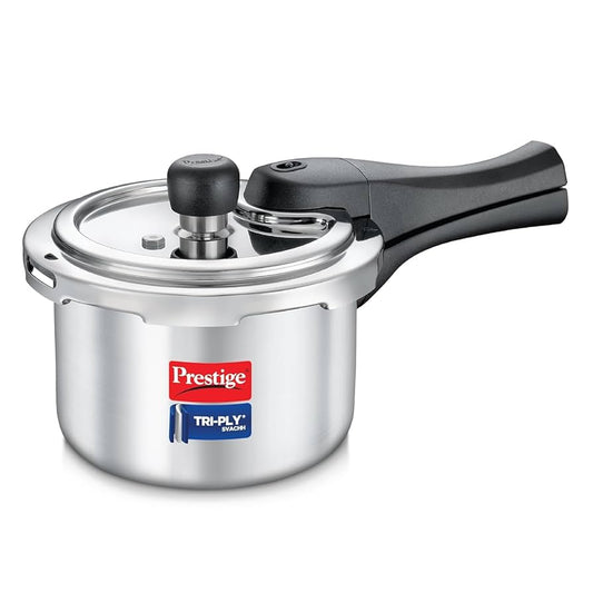Prestige Svachh Triply Outer Lid Pressure Cooker with Unique Deep Lid for Spillage Control, 1.5 Litre,    304 Stainless Steel Inner Surface, Thick Gauge ,1.5 Litre