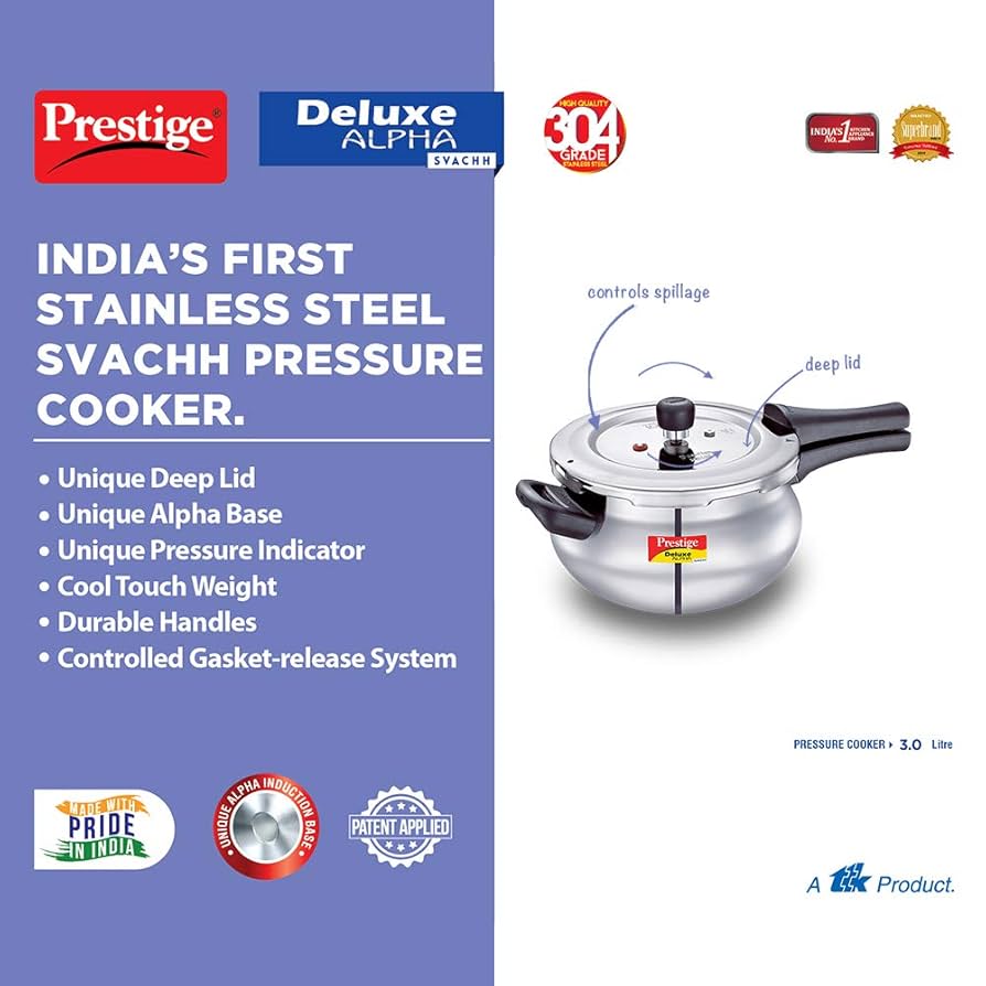 Prestige Svachh Deluxe Alpha Mini Pressure Cooker,With Deep Lid For Spillage Control,3 Litre,Stainless steel,Outer Lid