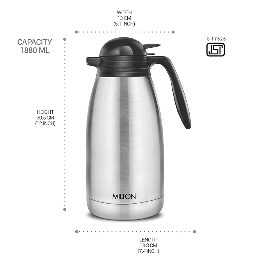 Milton Carafe 2000Ml Stainless Steel Double Walled Vacuum Insulated Flask with Lid and Handle, 2000 ml, Coffee/Tea Carafe Heat & Cold Retention, Leak Proof, Rust Free, Easy to Carry