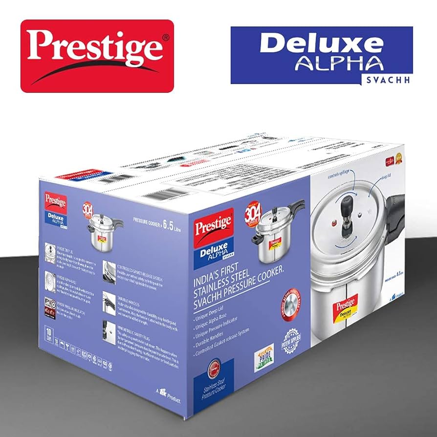 Prestige 6.5 Litres Deluxe Alpha Svachh Induction Base Outer Lid Stainless Steel Pressure Cooker | Deep lid controls spillage