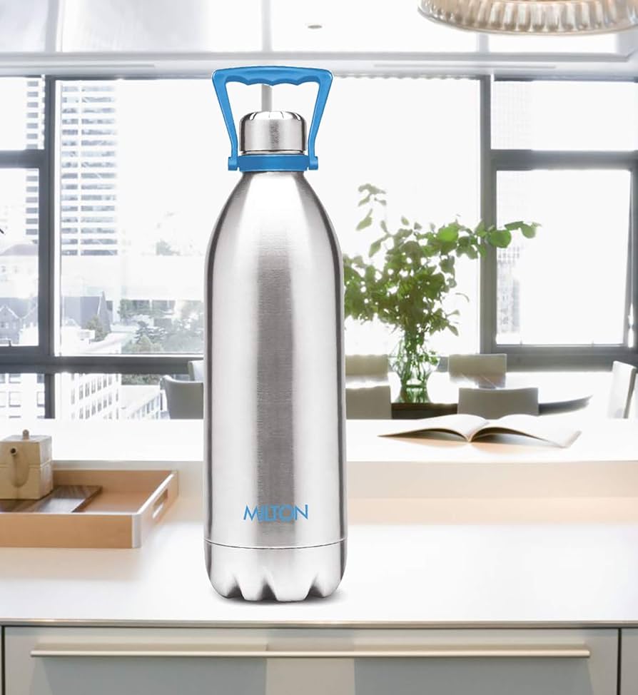 Milton Duo DLX 2000 Ml Thermosteel Bottle, 2 Litre Water Bottle with handle, 24 Hours Hot and Cold, Easy to Carry, Easy Grip, Rust Proof, Tea, Coffee, Office, Travel Bottle