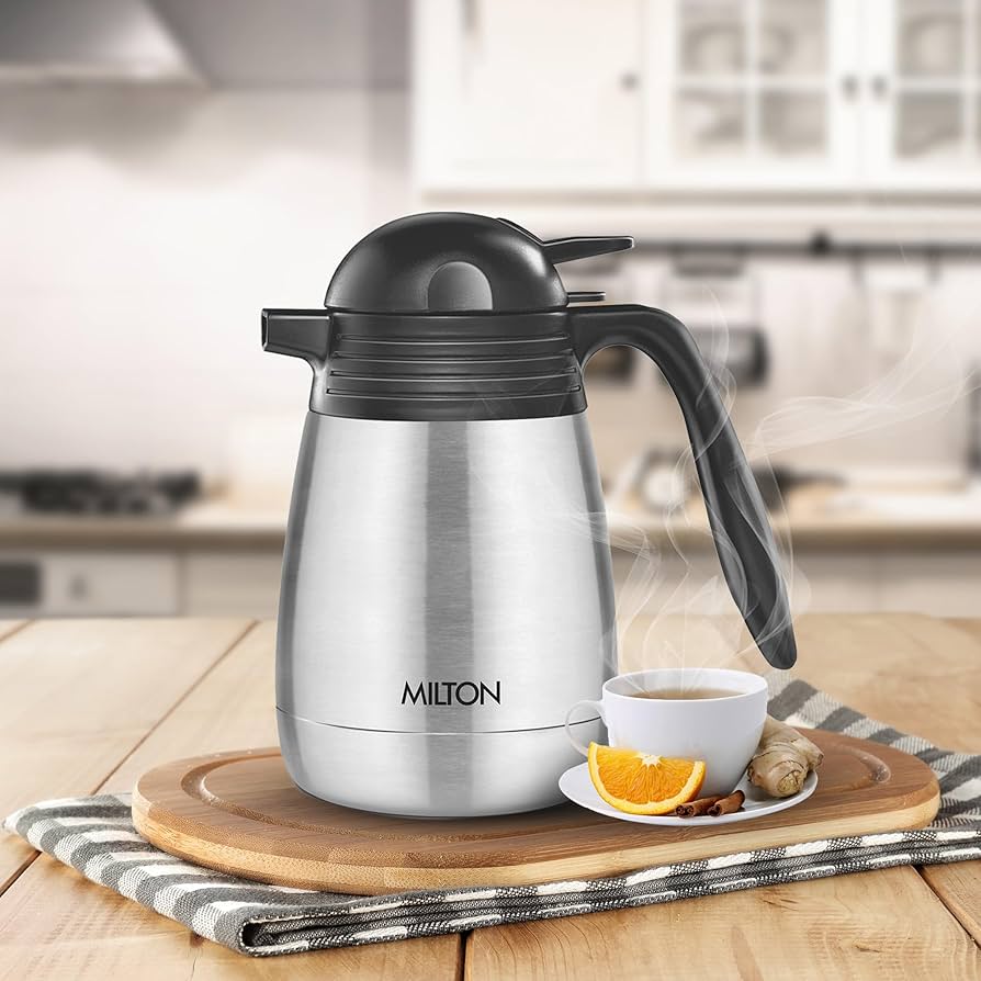 Milton Carafe 1000 Ml Stainless Steel Double Walled Vacuum Insulated Flask with Lid and Handle,1000 ml,ISI Certified, Coffee/Tea Carafe Heat & Cold Retention, Leak Proof, Rust Free, Easy to Carry
