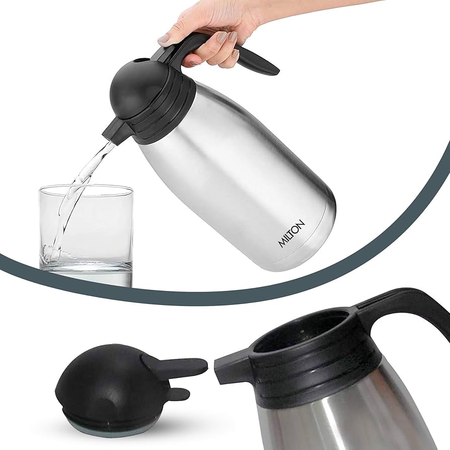 Milton Carafe 2000Ml Stainless Steel Double Walled Vacuum Insulated Flask with Lid and Handle, 2000 ml, Coffee/Tea Carafe Heat & Cold Retention, Leak Proof, Rust Free, Easy to Carry
