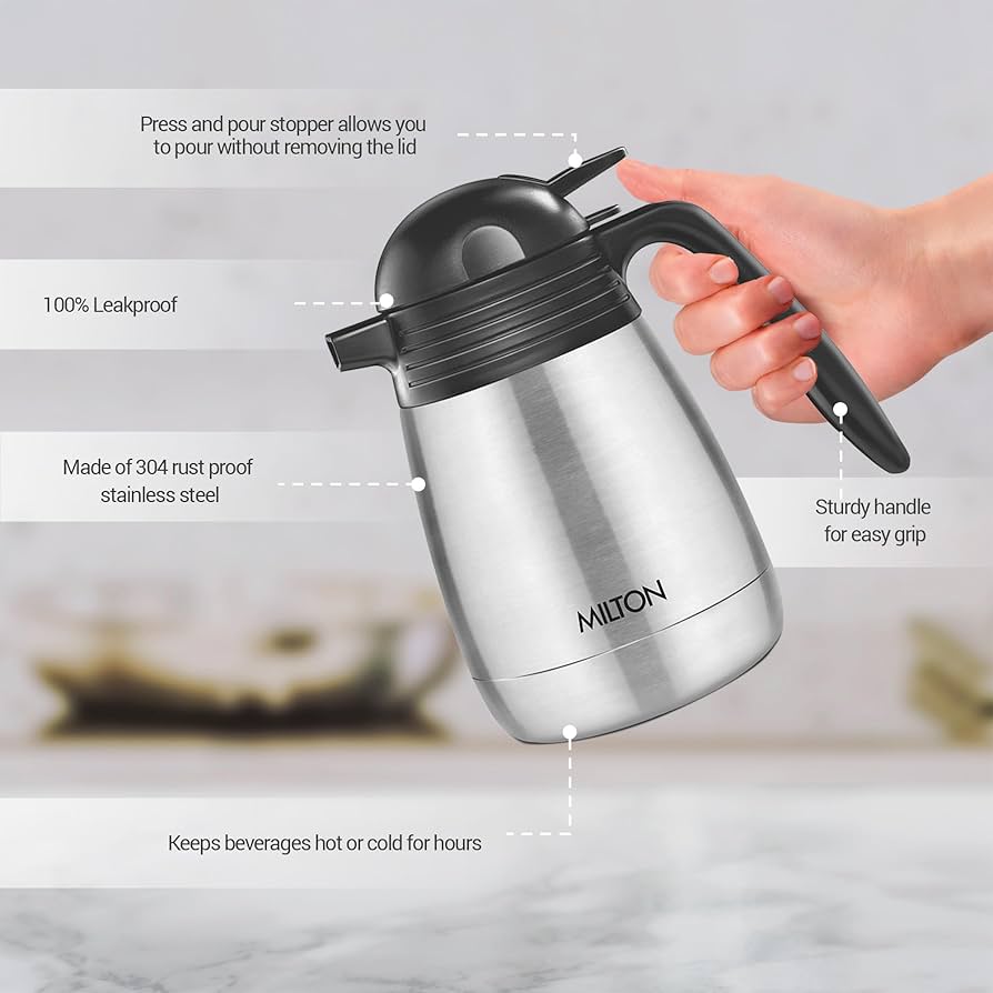 Milton Carafe 1000 Ml Stainless Steel Double Walled Vacuum Insulated Flask with Lid and Handle,1000 ml,ISI Certified, Coffee/Tea Carafe Heat & Cold Retention, Leak Proof, Rust Free, Easy to Carry