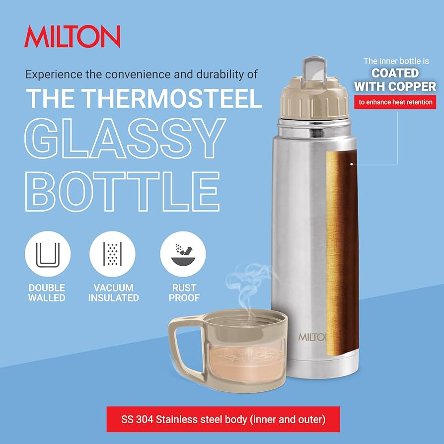 Milton Glassy 1000 Ml Thermosteel Vacuum Insulated Double Walled Flask with Drinking Cup lid & Jacket, 1000 ml flask ,24 Hours Hot & Cold,Easy to Carry,Rust Proof, Tea, Coffee,Travel Bottle
