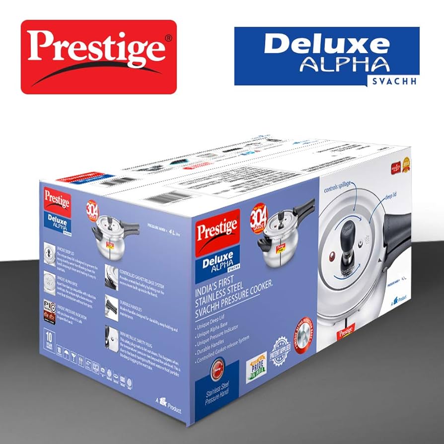 Prestige Svachh 4 L Deluxe Alpha Handi Pressure Cooker, With Deep Lid For Spillage Control, Stainless Steel,Outer Lid