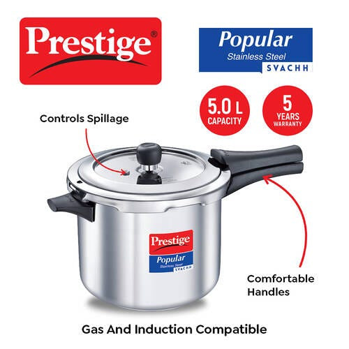 Prestige 5L Popular Svachh Spillage Control Stainless Steel Pressure Cooker, 5 Litres