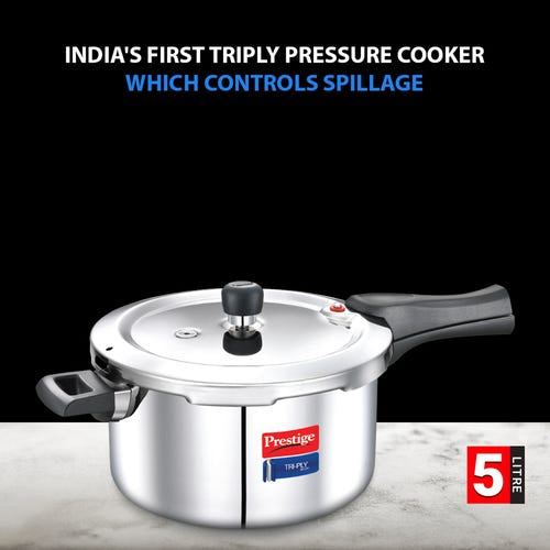 Prestige Svachh Triply Outer Lid Pressure Cooker with Unique Deep Lid for Spillage Control, 5 Litre, 304 Stainless Steel Inner Surface, Thick Gauge, 5 litre