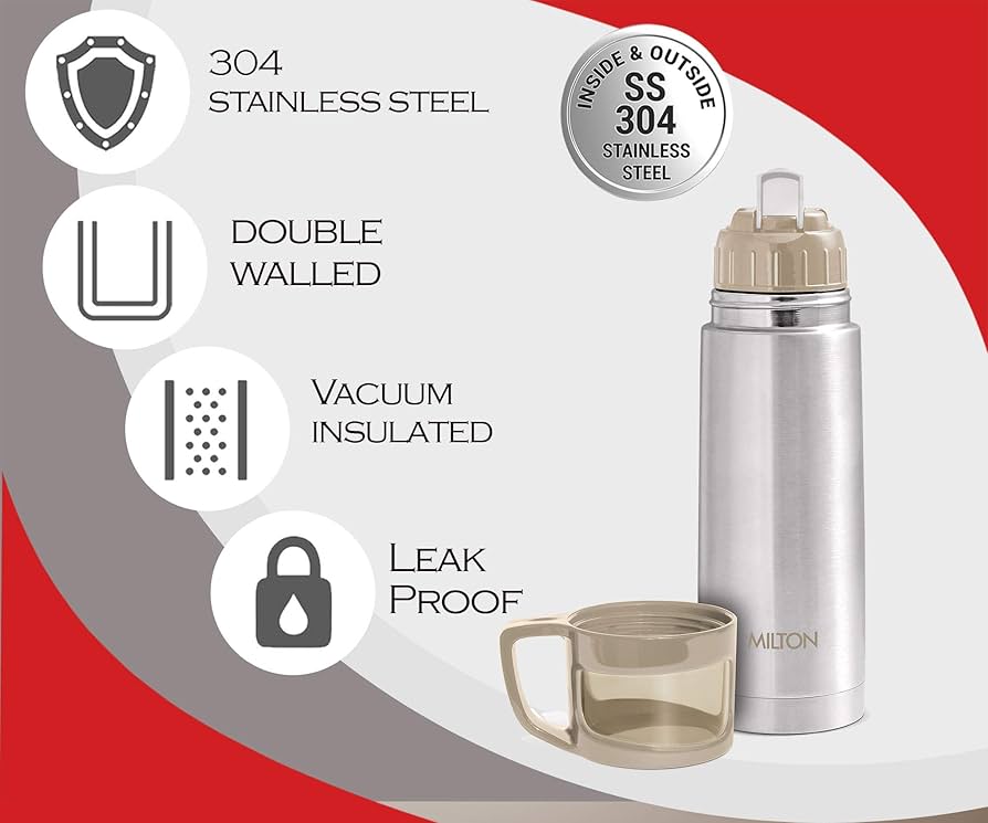 MILTON Glassy 350 Ml Thermosteel Vacuum Insulated Double Walled Flask with Drinking Cup lid & Jacket, 350 ml flask,24 Hours Hot & Cold, Easy to Carry,Rust Proof, Tea, Coffee, Travel Bottle,Grey