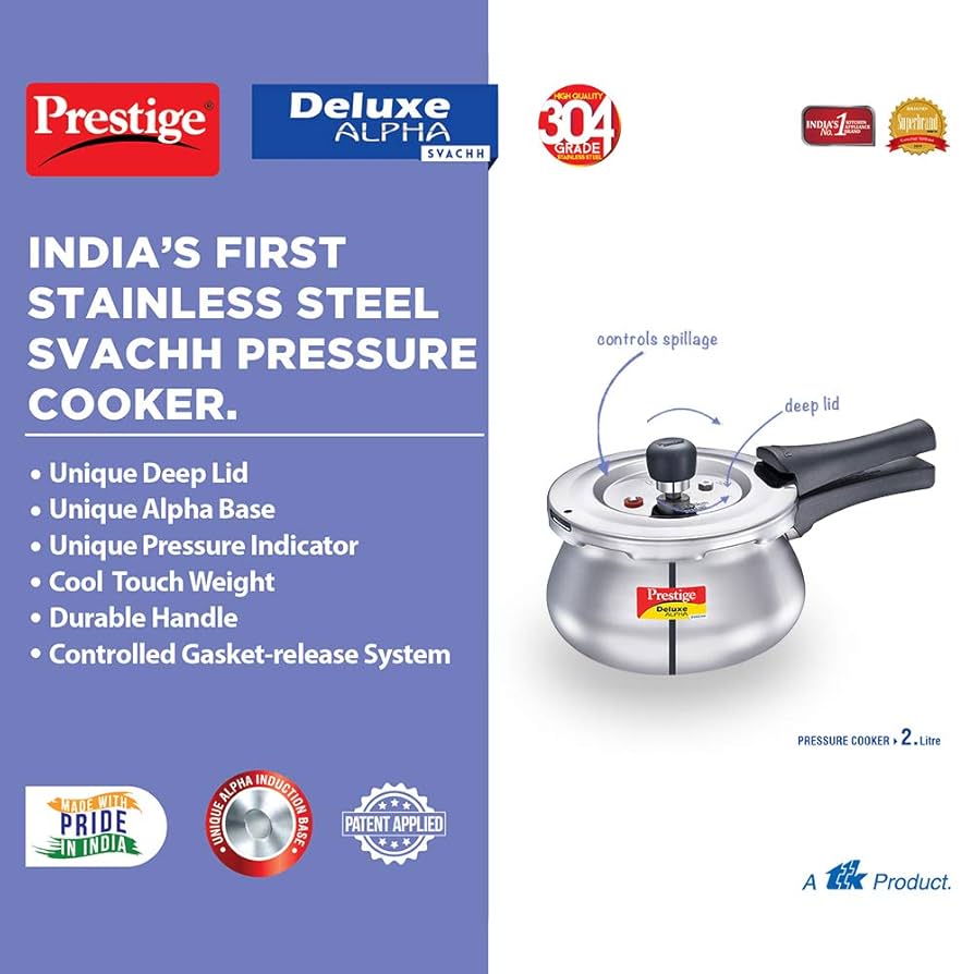 Prestige Svachh,2 L, Alpha Baby Pressure Cooker, With Deep Lid For Spillage Control, Stainless Steel, Outer Lid, 2 Litres