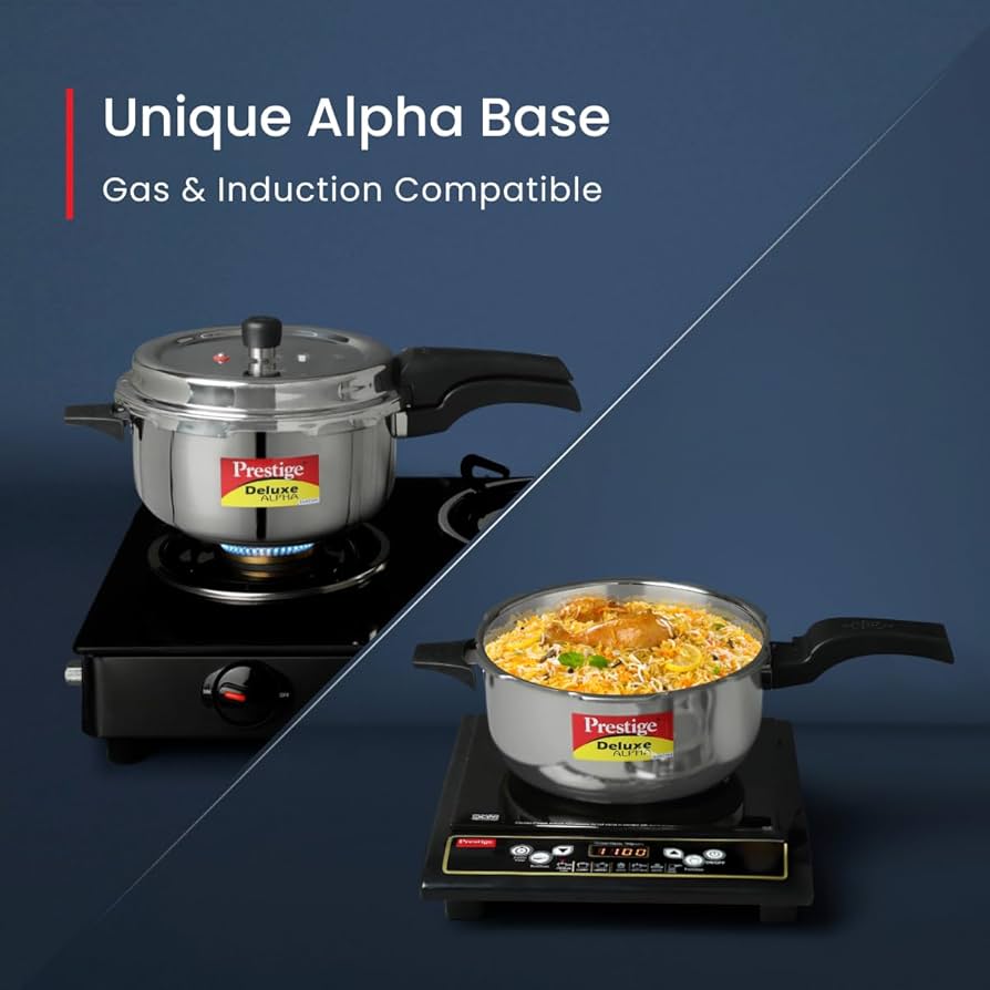 Prestige 5L Deluxe Alpha Svachh stainless steel Pressure Cooker|Outer lid|Ideal for 5-7 persons|Deep lid for spillage control|Gas & induction compatible