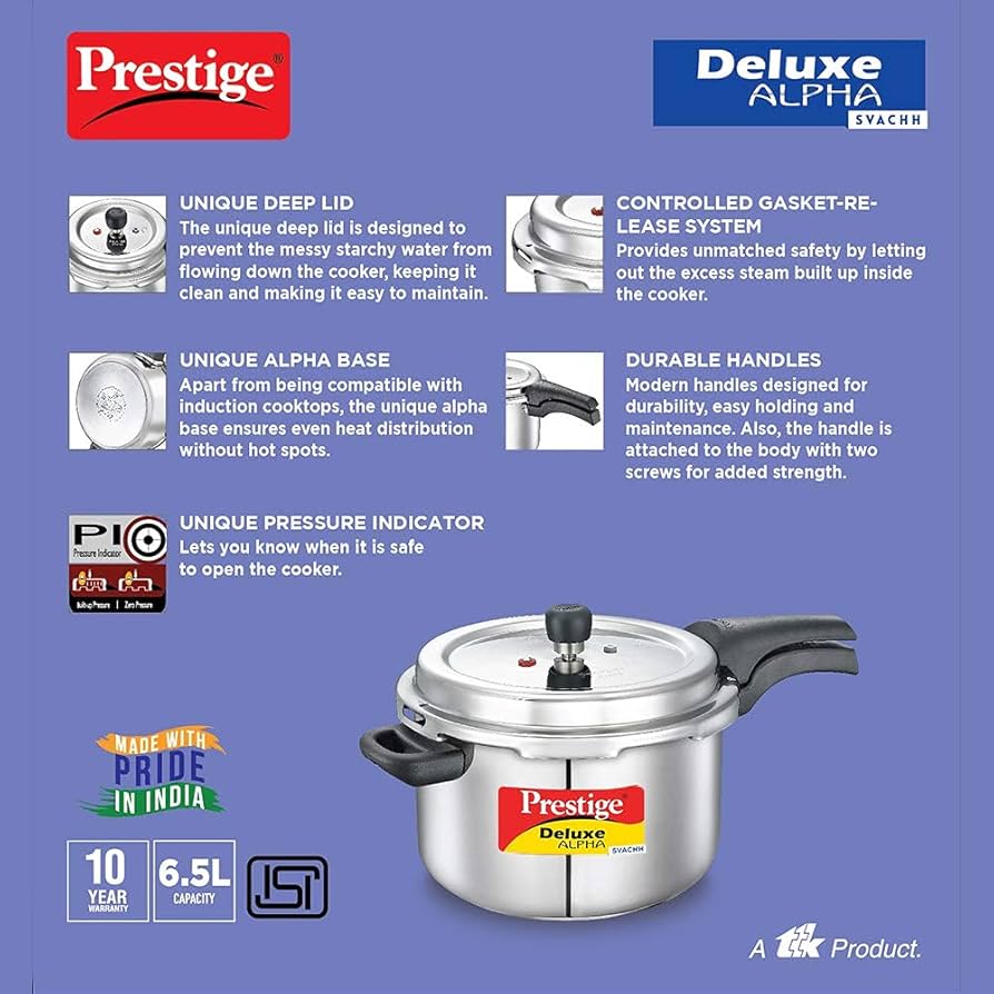 Prestige 6.5 Litres Deluxe Alpha Svachh Induction Base Outer Lid Stainless Steel Pressure Cooker | Deep lid controls spillage