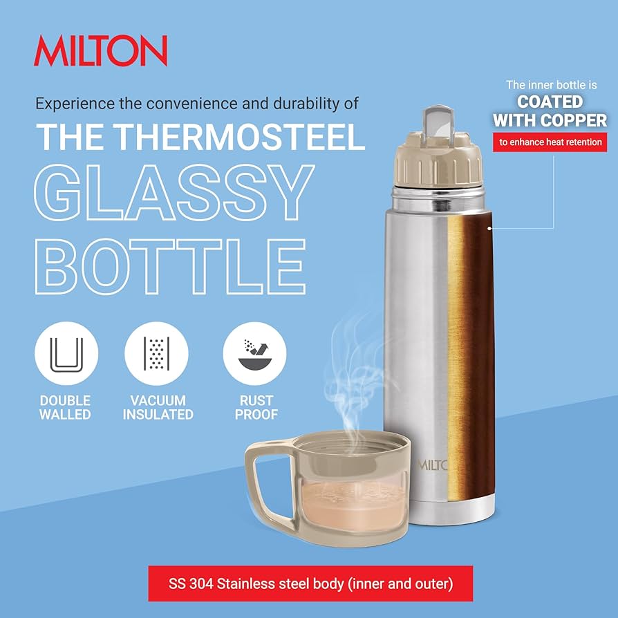 Milton Glassy 500Ml Thermosteel Vacuum Insulated Double Walled Flask with Drinking Cup lid & Jacket, 500 ml flask, 24 Hours Hot & Cold, Easy to Carry,Rust Proof, Tea, Coffee, Travel Bottle