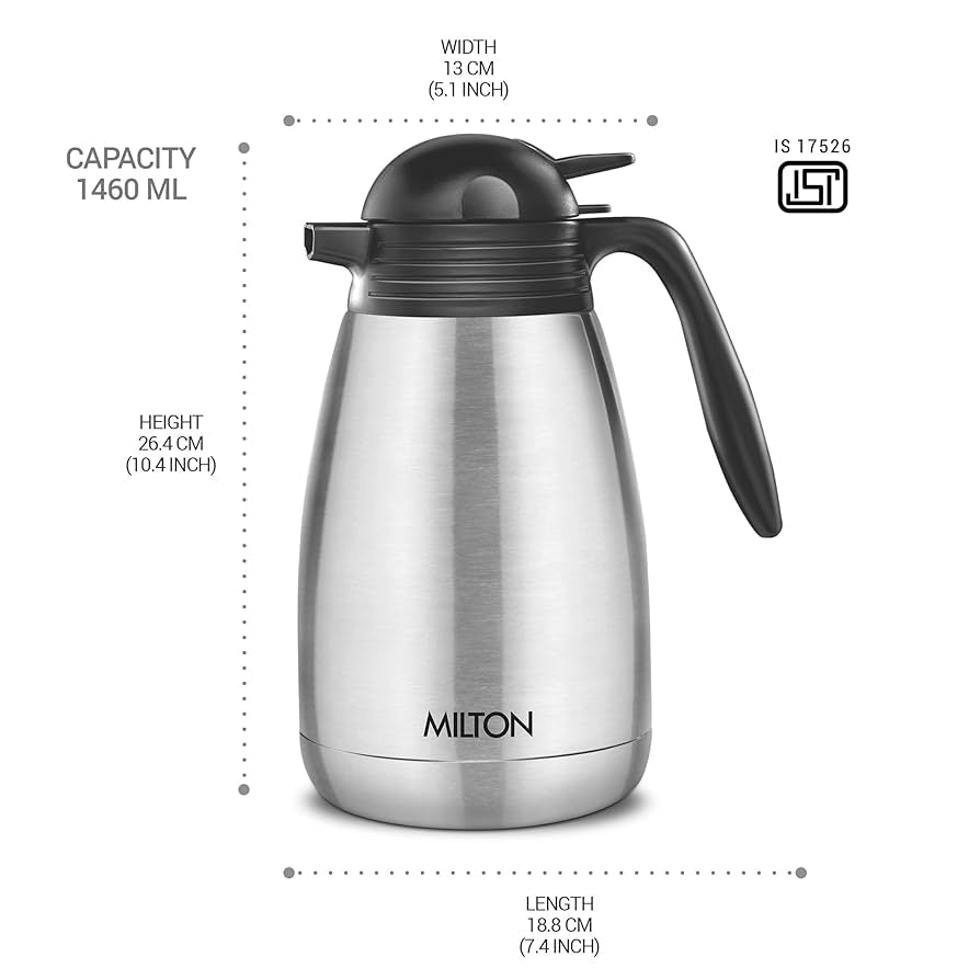 Milton Carafe 1500 Ml Stainless Steel Double Walled Vacuum Insulated Flask with Lid and Handle, 1500 ml, Coffee/Tea Carafe Heat & Cold Retention, Leak Proof, Rust Free, Easy to Carry