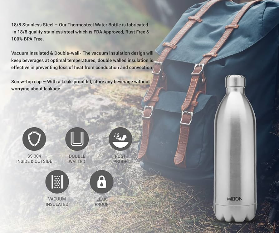 Milton Duo DLX 1800 Ml Thermosteel Water Bottle 1.8 Litre, 24 Hr Hot and Cold I Leak Proof Lid, ISI Certified I Vacuum Insulated I for Office, Gym, School
