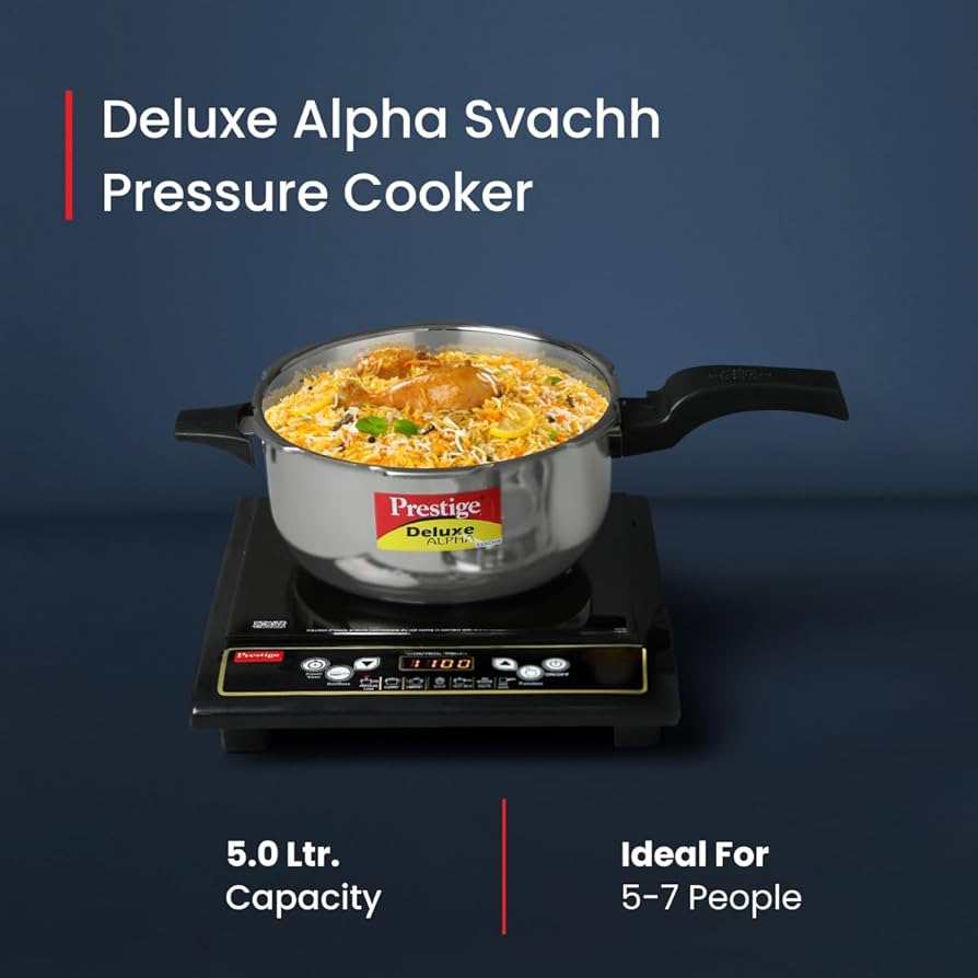 Prestige 5L Deluxe Alpha Svachh stainless steel Pressure Cooker|Outer lid|Ideal for 5-7 persons|Deep lid for spillage control|Gas & induction compatible