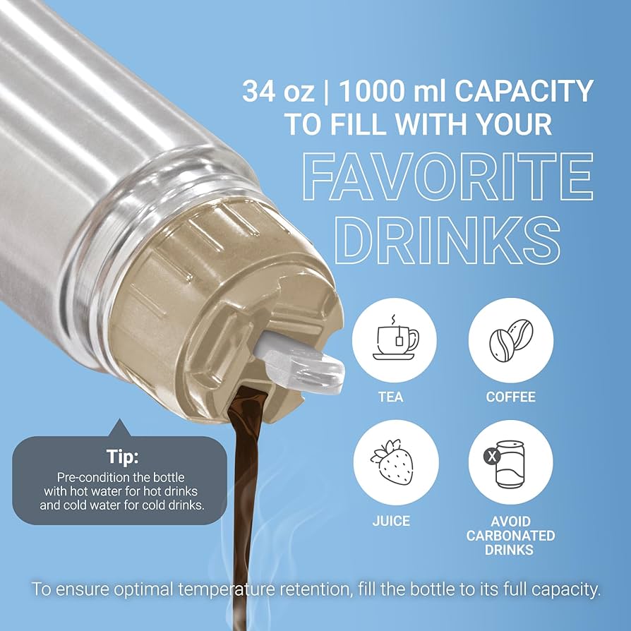 Milton Glassy 1000 Ml Thermosteel Vacuum Insulated Double Walled Flask with Drinking Cup lid & Jacket, 1000 ml flask ,24 Hours Hot & Cold,Easy to Carry,Rust Proof, Tea, Coffee,Travel Bottle
