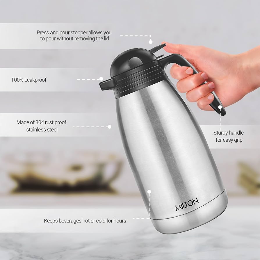 Milton Carafe 2000Ml Stainless Steel Double Walled Vacuum Insulated Flask with Lid and Handle, 2000 ml, Coffee/Tea Carafe Heat & Cold Retention, Leak Proof, Rust Free, Easy to Carry