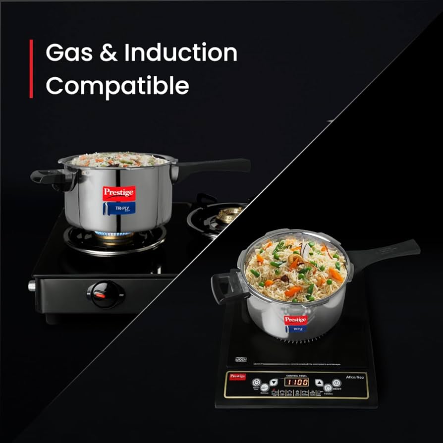 Prestige Svachh Triply Outer Lid Pressure Cooker with Unique Deep Lid for Spillage Control, 5 Litre, 304 Stainless Steel Inner Surface, Thick Gauge, 5 litre