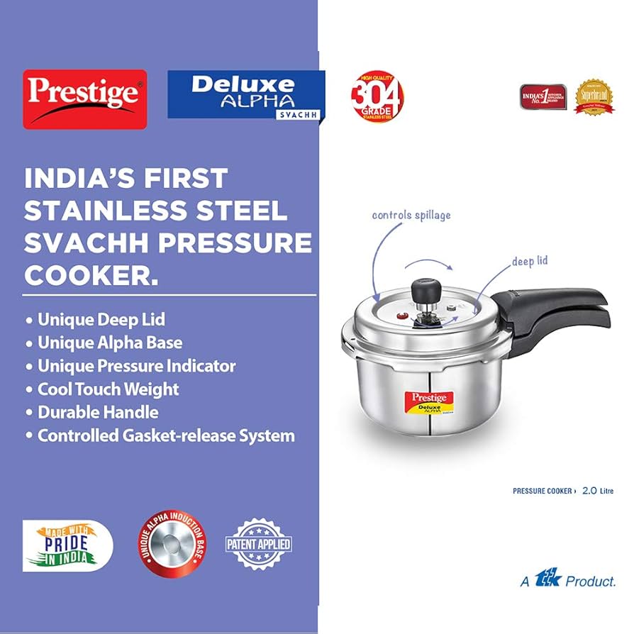Prestige Svachh Deluxe Alpha 2 Litre Stainless Steel Outer Lid Pressure Cooker, 2 Litre