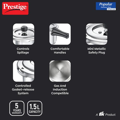 Prestige Popular Svachh Spillage Control Stainless Steel Outer Lid Pressure Cooker, 1.5 Litre